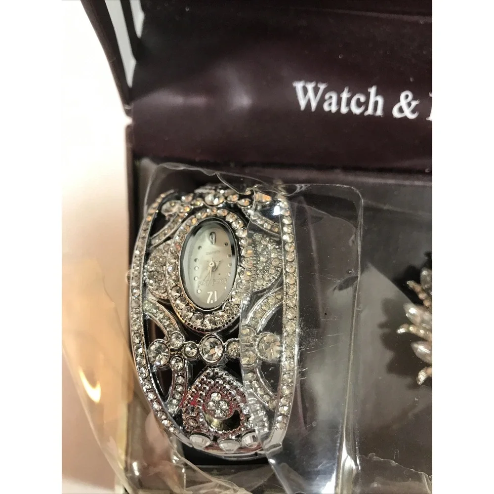 Cici Faye Faux Diamond‎ Brooch & Bracelet Set Bangle Watch
